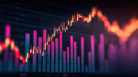 This image depicts a graphical representation of financial data, featuring bar charts and line graphs against a dark backdrop. The composition showcases a dynamic flow of information through bright, contrasting colors and a soft focus effect. Suitable for illustrating business, finance, or technology concepts in commercial contexts.の素材