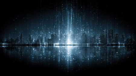 An abstract cityscape is rendered with flowing, luminous lines suggesting buildings and structures. The dark background contrasts with the bright, glowing elements, creating a sense of a futuristic, technological environment. The lights are reflected in the water, adding to the symmetrical composition. Suitable for design, data visualization, or conceptual illustrations.の素材