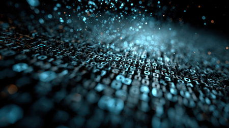 An artistic representation shows an abstract stream of digital data. The scene features a dark background, with glowing blue particles and data points. The composition uses blurred textures and depth of field, suggesting a virtual environment. This image could be used for technology, science, or future-oriented editorial purposes.の素材
