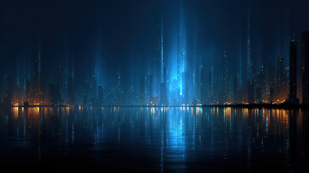 An artistic digital rendering presents an abstract cityscape at night. Tall structures reflect in tranquil water, accented by vertical glowing lines. Predominantly dark blue tones with vibrant orange and blue highlights create a dramatic effect. Suitable for various creative projects and potential use in commercial applications.の素材