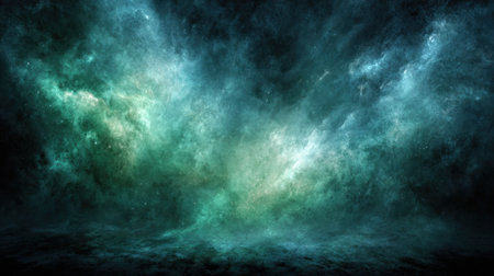 An artistic depiction presents a vast expanse of nebulous formations. The image showcases a blend of cool blues and greens, creating an ethereal and dynamic atmosphere. Textural details suggest the presence of gaseous elements. This abstract image is suitable for various design projects and commercial applications.の素材