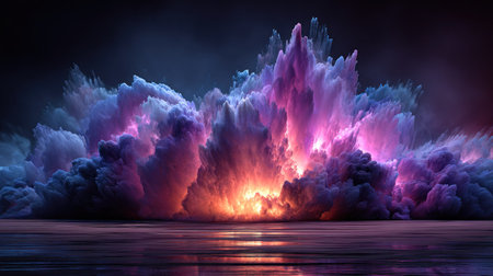 An artistic representation features a vibrant explosion of colorful energy. The artwork showcases a dynamic arrangement of shapes and textures, with a striking interplay of light and shadow. Suitable for various creative projects, this image could be employed in designs needing visual appeal and conceptual depth.の素材