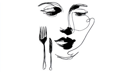 An artistic line drawing depicts a face integrated with a fork and knife. The monochromatic artwork features bold black lines on a plain white backdrop. The style suggests a modern, minimalist aesthetic suitable for various applications, including design projects and editorial content.の素材