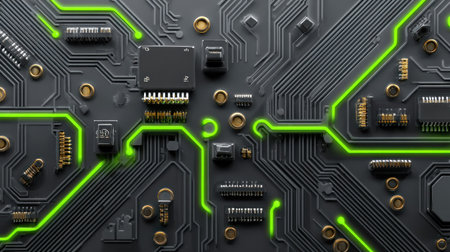 This image presents an abstract view of an electronic circuit board, showcasing a complex arrangement of components and circuits. The composition features a dark background accented with glowing green lines. The style is detailed with a focus on technological elements. Suitable for illustrating technology, design, and related industry themes.の素材