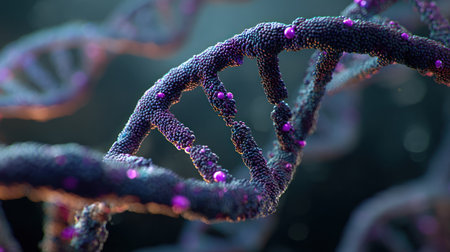 This image showcases a detailed, close-up rendering of a DNA double helix. The artwork features a complex structure with a textured surface, accentuated by dark and vibrant colors. The composition is likely intended to convey scientific or conceptual ideas, making it suitable for educational, research, or illustrative purposes.の素材