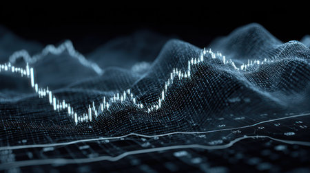An abstract, digitally rendered illustration depicts fluctuating lines representing data analysis and financial performance. The graphic features a dark color palette with bright highlights and a three-dimensional effect. This image's visual elements could be used for various commercial or editorial purposes related to finance, technology, or data.の素材