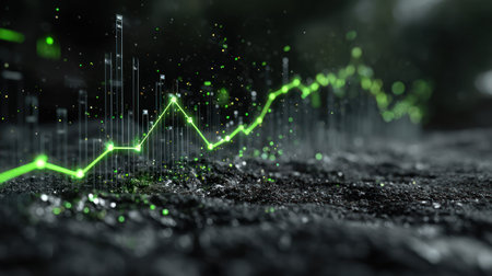 An abstract financial chart with a bright green line rising upwards dominates the image. The visual features digital lines and glowing particles. A dark, textured background creates a sense of depth and contrast. The image is suitable for use in business, finance, and technology-related projects.の素材