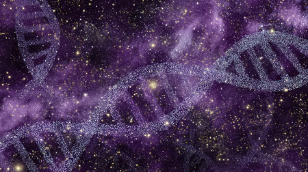 An artistic depiction presents a DNA strand against a backdrop of a nebula. This digitally created image features a cool color palette of purple and blue, with sparkling stars and a galaxy-like effect. It portrays a conceptual representation suitable for science, technology, or educational purposes.の素材