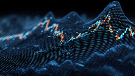 This image presents a digital visualization of financial data, showcasing market trends with abstract mountain-like formations. The composition employs shades of blue and highlights, creating a modern and data-driven aesthetic. It's suitable for representing complex information in business contexts or editorial content focused on finance and technology.の素材