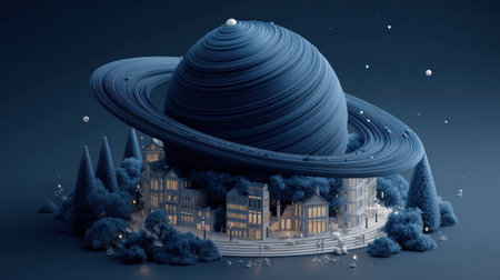 An artistic digital rendering depicts a planet featuring a cityscape, all composed of textured elements. The deep blue color palette is accentuated by soft lighting and a blurred background, suggesting a space-themed scene. This image is suitable for a variety of creative and commercial applications.の素材