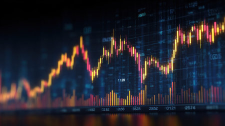 An abstract visualization displays financial data through vibrant lines and forms. The image showcases fluctuating patterns with a dark backdrop, creating an impression of analysis. This style is suitable for illustrating complex financial concepts and can be used for informational purposes in various contexts.の素材