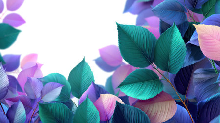 This image presents a close-up of colorful leaves, featuring teal, purple, and pink hues. The composition is balanced, with a bright white area for text. The lighting creates highlights and shadows, giving depth. Suitable for various applications, this design is ideal for projects seeking a fresh, natural aesthetic.の素材