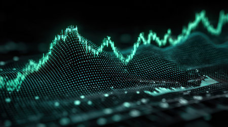 A close-up view displays an abstract representation of financial data, featuring a green, wave-like graph against a dark background. The image showcases a three-dimensional effect with dots creating a textured surface. Suitable for illustrating concepts related to finance, technology, or business.の素材
