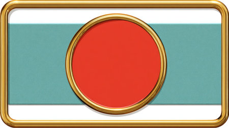 This graphic depicts a vibrant red circle centered within a gold-framed rectangle. A horizontal stripe of turquoise and white provides a background for the red circle. The image showcases clean lines, a flat design style, and bright colors. This versatile artwork is suitable for various commercial uses, including website design or print materials.の素材