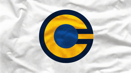 This image presents a modern geometric logo set against a textured white fabric background. The logo incorporates a circular design with gold and blue color palette. The composition is simple, and the lighting is even. This graphic may be suitable for various commercial or marketing applications.の素材