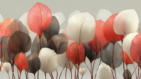 An abstract illustration presents overlapping leaf shapes in various shades of red, white, and brown against a neutral backdrop. The composition features soft lighting and a blurred effect, emphasizing texture. This artwork might suit designs for home decor, print materials, or digital media, offering versatile applications.の素材