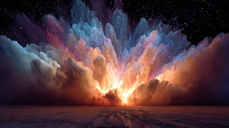 An abstract composition features a dramatic burst of colorful cloud formations. The image showcases a range of hues, including blues, oranges, and purples, creating a vibrant visual effect. The style suggests an artistic illustration, potentially suitable for various commercial or decorative applications. The overall impression is dynamic and eye-catching.の素材
