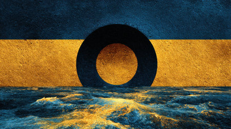 An abstract composition features a textured, stylized representation over a body of water. The dominant colors include blue, gold, and black with a textured appearance. The composition might be suitable for various design projects, marketing materials, or editorial uses requiring a contemporary visual.の素材