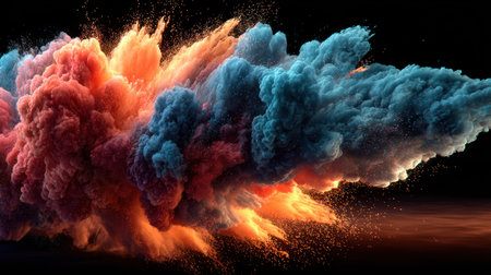 An artistic image presents an explosion of vibrant colors, primarily red, orange, and blue. The visual showcases a dynamic cloud-like formation. The contrast between the brightly colored powder and the dark backdrop creates a dramatic effect. This image is suitable for commercial and editorial purposes.の素材
