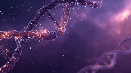 An artistic representation showcases a detailed DNA strand, illuminated with vibrant colors against a blurred backdrop. The image utilizes a digital painting style, with gradients of purple and pink creating depth. This visual could be utilized for educational materials, scientific publications, and artistic design projects. The composition emphasizes the intricate structure.の素材