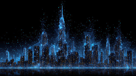 An abstract cityscape is rendered in a dark environment with blue glowing lights. The artwork features a skyline silhouette created with interconnected points and lines. It displays a futuristic, technological aesthetic. Suitable for illustrations or designs related to technology, business, or urban themes, potentially for commercial purposes.の素材