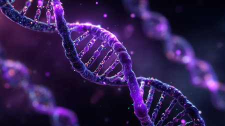 A close-up depiction showcases a DNA helix model rendered in shades of purple. The image highlights a complex structure with glowing particles in the background. The visual style features depth of field, suggesting a scientific or conceptual representation. This image could be used in scientific publications, educational materials, or presentations.の素材