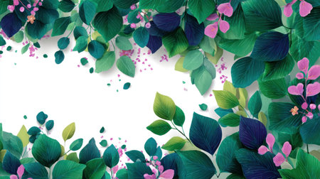 This image presents an artistic depiction of leaves in various shades of green and purple. The composition features a white space, possibly for text or design elements. The overall aesthetic is clean and modern, suitable for various uses.の素材