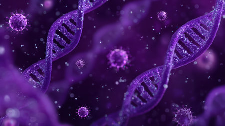 This image features abstract representations of DNA strands and virus particles, presented in a dark purple color scheme. The composition uses a dynamic perspective and soft focus to highlight the molecular structures. This visual may be used for scientific, educational, or conceptual projects regarding biology or healthcare.の素材