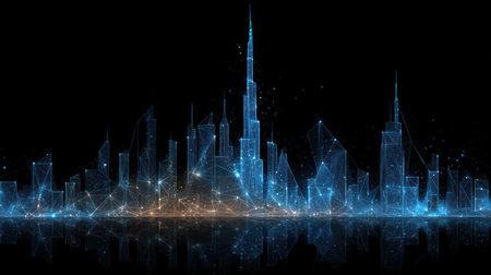 An artistic depiction of a city skyline is shown, constructed with bright, glowing lines. The image showcases predominantly blue and orange tones, creating a futuristic ambiance. The composition features a dark backdrop, potentially suggesting a night setting or conceptual environment suitable for commercial or editorial applications.の素材