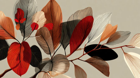 This illustration showcases stylized leaves with intricate details, featuring a palette of red, brown, and grey tones. The artwork displays a delicate composition with soft lighting, suggesting an elegant and natural aesthetic. Suitable for various creative projects and design applications, the image offers visual appeal.の素材