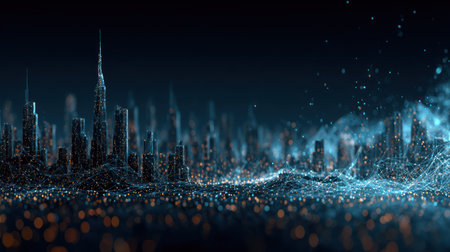 An artistic depiction of a futuristic city features a skyline comprised of tall structures. The visual style is characterized by digital particles and vibrant light effects against a dark backdrop. This imagery suggests advanced technology or a concept of the future, suitable for various editorial and commercial applications.の素材