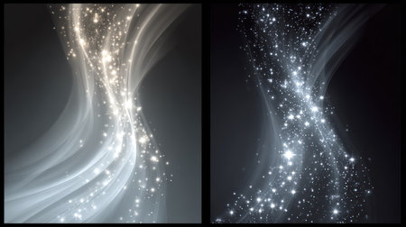 This image presents two panels featuring abstract compositions of flowing light particles. The visual elements include curves of light, scattered star-like elements, and variations in luminosity across a dark background. The images showcase a digital art style. They could be suitable for various design applications, including backgrounds and decorative elements.の素材