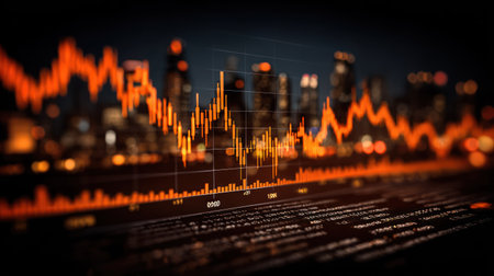 An artistic depiction presents a graph overlaying a city skyline at dusk. Bright orange lines represent data trends, while a dark background enhances the contrast. The image uses shallow focus, creating a sophisticated visual that would be suitable for various business or financial publications and advertising purposes.の素材