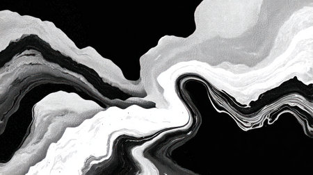 An abstract composition features fluid forms in grayscale. Swirling patterns and layered textures create visual interest and depth. The artwork utilizes contrasting tones of black and white. Suitable for various applications, including digital art, design projects, and visual content creation.の素材