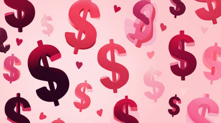 An illustration features multiple dollar signs in varying shades of red and pink, scattered across a light background. Small heart shapes are interspersed, adding a decorative element. The image utilizes a soft lighting effect, and is suitable for various commercial purposes and can be utilized in promotional material.の素材