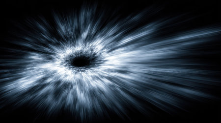An artistic representation features a cosmic black hole. Swirling light radiates from a dark center, conveying depth and motion. The composition exhibits a dramatic contrast of light and shadow, with a dynamic radial pattern. This image is suitable for scientific visualizations, educational material, and editorial projects.の素材
