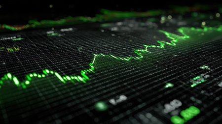 An abstract image presents a financial trading graph with a green line on a dark background. The composition features blurred data points and a shallow depth of field, highlighting the upward trend. The image's digital style and green color palette suggest data analysis and financial themes suitable for commercial applications.の素材