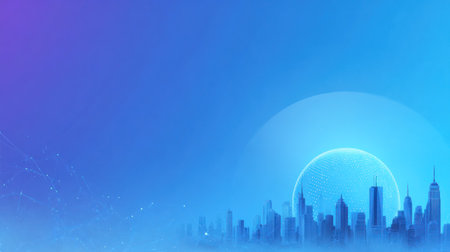 A digitally rendered illustration depicts a city skyline shrouded in fog, set against a gradient blue backdrop. The image features glowing circles adding a futuristic aesthetic. Suitable for various design projects and digital art, it offers a modern visual appeal for editorial and commercial applications.の素材
