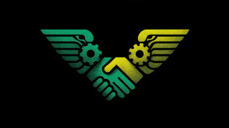 This graphic presents a stylized handshake formed with wing-like elements and gears. The artwork features shades of green and yellow, set against a dark backdrop. Suitable for various design applications, the image could be used for branding or in contexts related to collaboration.の素材