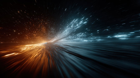 This abstract image depicts a dynamic flow of energy, characterized by streaks of light. The composition features a contrast between warm orange and cool blue tones. The artwork's style suggests movement and velocity, potentially suited for commercial designs and visual presentations focusing on modern themes.の素材