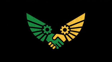 This stylized illustration depicts a handshake flanked by wing-like elements, incorporating gear designs. The image features a contrasting color palette of green, yellow and black, with a textured effect. The composition suggests a symbolic representation suitable for various business and conceptual applications. It can be used for design projects and commercial purposes.の素材