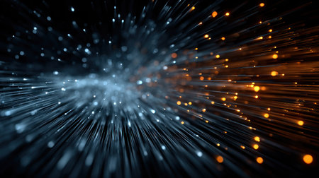 An abstract illustration presents a dynamic composition of energy flow. Light particles in vibrant blue and orange hues are streaming. The image conveys a sense of motion against a dark background, the composition uses depth of field. Suitable for various design projects and commercial applications requiring a visual impact.の素材