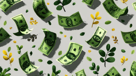 An artistic illustration presents numerous dollar bills seemingly floating amidst green leaves and small details over a gray surface. The composition uses a flat design style, featuring a balanced distribution of elements. This image could be suitable for diverse commercial projects related to finance or economics, offering a clean aesthetic.の素材