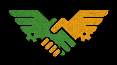 An illustration depicts a handshake formed by two hands, each incorporating a wing and gear motif. The image uses a green and yellow color scheme against a dark background. The graphic style is flat with a textured finish. This visual could be utilized in various commercial or editorial applications.の素材