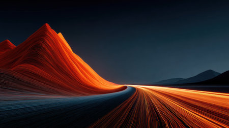 An abstract landscape features a mountain rendered in fiery orange hues, contrasted against a deep blue sky. The composition showcases sweeping lines, suggesting movement and energy. The scene could be suitable for various creative applications, from website backgrounds to promotional materials.の素材