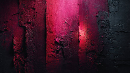 An abstract image showcases a textured wall in tones of red and black. The composition utilizes strong lighting to highlight the rugged surface. The overall style is dramatic with a focus on textures and color contrast. Suitable for use in various visual projects, including design and editorial applications.の素材