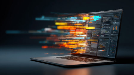 A laptop computer displaying programming code is the primary focus. The image uses motion blur effects on the screen's content. It features a dark background and a modern aesthetic, with potential uses in technology or data related promotional materials. The visual characteristics include vibrant colors and a shallow depth of field.の素材