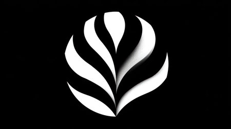 An abstract graphic presents a petal-like shape crafted in white against a stark black background. The composition employs layered elements to create depth and dimension. Suitable for various design purposes, it could be used for branding, website design, or other creative applications. The design is presented in a clean, modern style.の素材