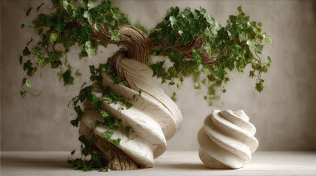 Two abstract sculptures, one larger with cascading green foliage, stand next to a smaller identical piece. The design exhibits swirling, textured forms in neutral tones, with natural green leaves. The composition is likely illuminated by soft lighting. This image suits various commercial applications, including decorative and design concepts.の素材