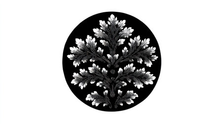 This image features a detailed botanical illustration of oak leaves arranged in a symmetrical pattern within a circular frame. The artwork is rendered in monochrome, showcasing varying shades of black and white. Its style hints at classic artistic representation, potentially suitable for design elements or decorative use.の素材